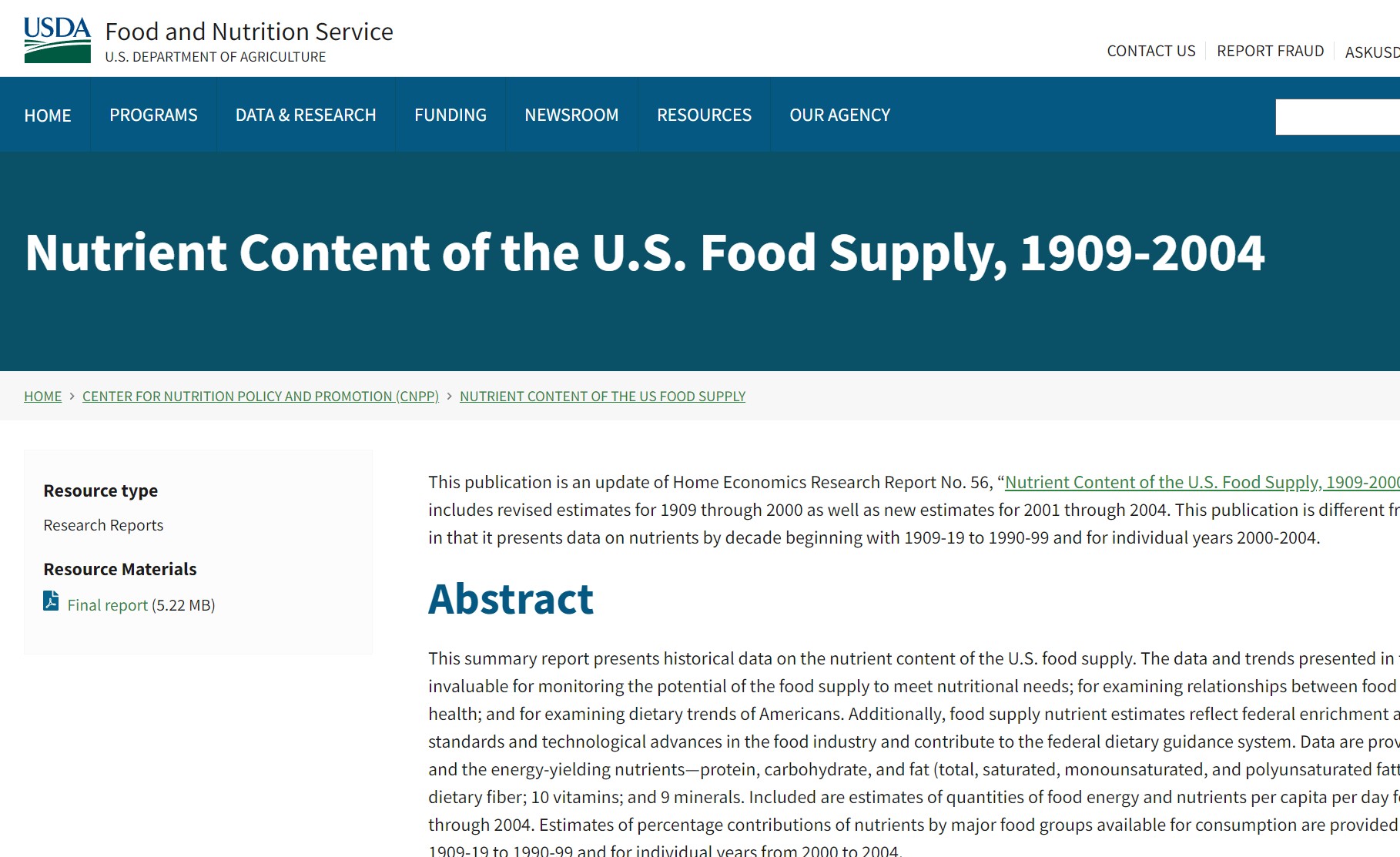 Nutrient Content of the U.S. Food Supply, 1909–2004