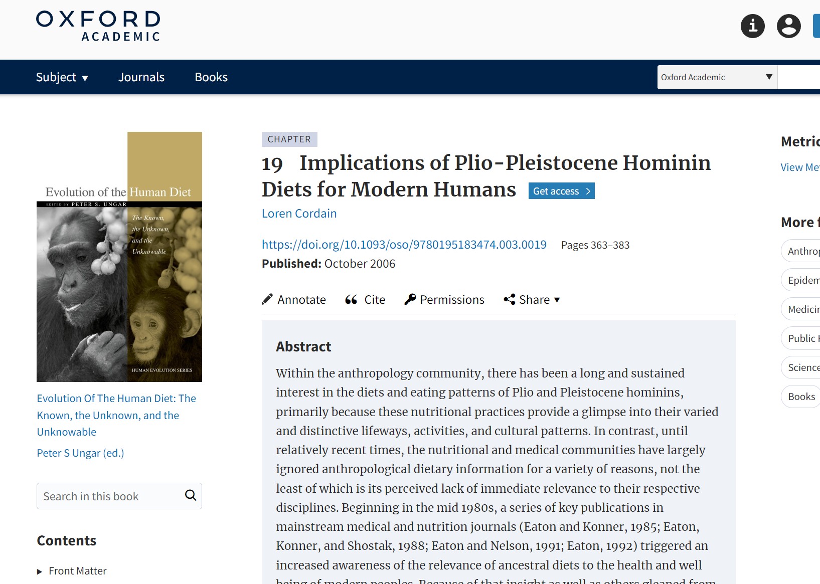 Implications of Pilo-Pleistocene hominin diets for modern humans In: Evolution of the Human Diet: The Known, the Unknown, and the Unknowable