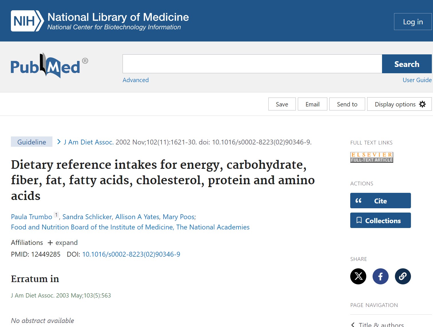 Dietary reference intakes for energy, carbohydrate, fiber, fat, fatty acids, cholesterol, protein and amino acids