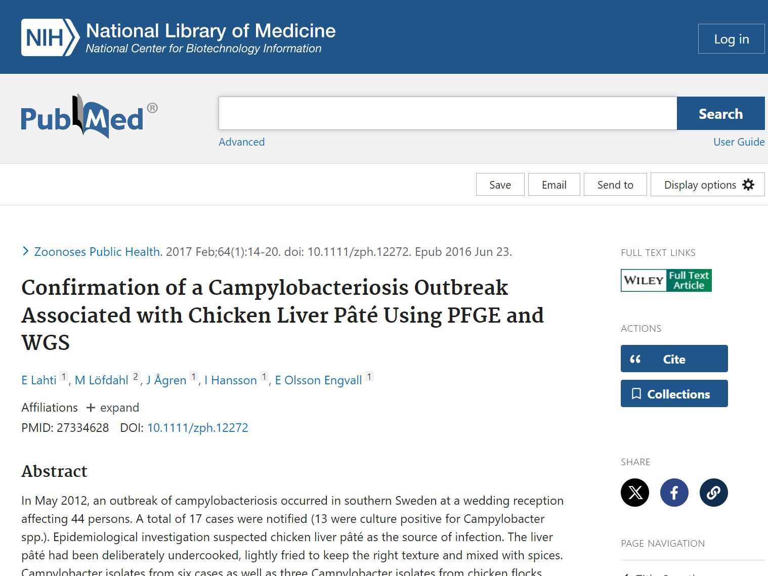 Confirmation of a Campylobacteriosis Outbreak Associated with Chicken Liver Pâté Using PFGE and WGS