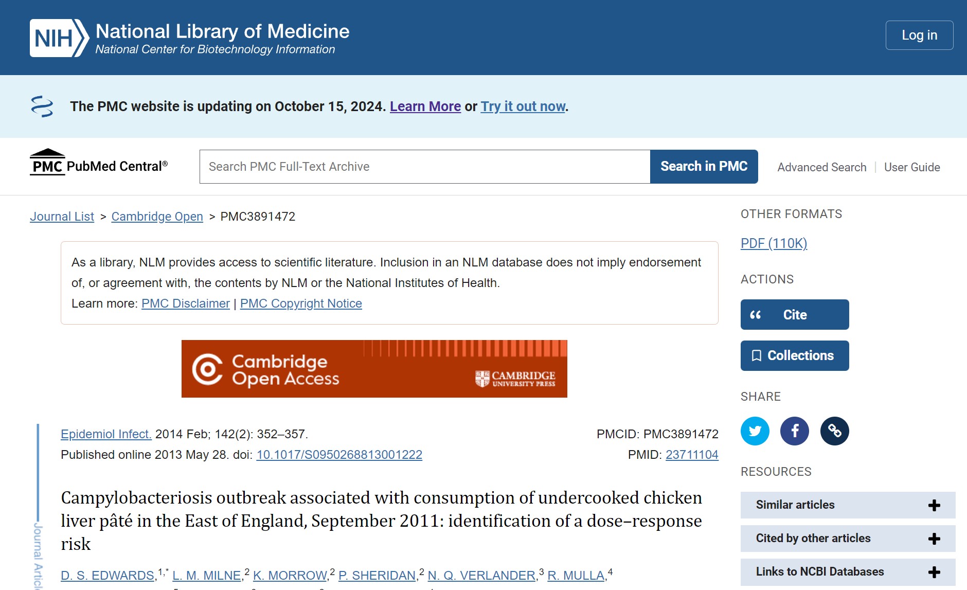 Campylobacteriosis outbreak associated with consumption of undercooked chicken liver pâté in the East of England, September 2011: identification of a dose–response risk