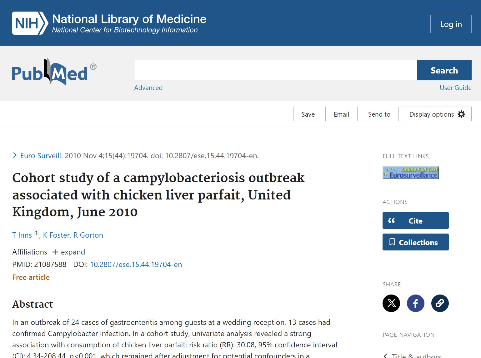 Cohort study of a campylobacteriosis outbreak associated with chicken liver parfait, United Kingdom, June 2010