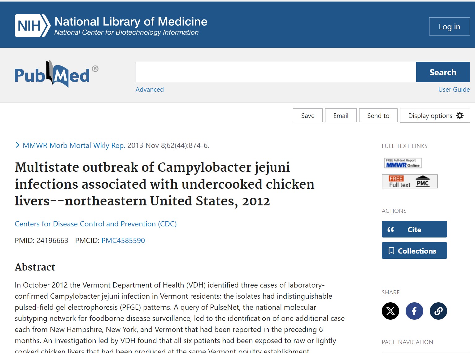 Multistate outbreak of Campylobacter jejuni infections associated with undercooked chicken livers–northeastern United States, 2012