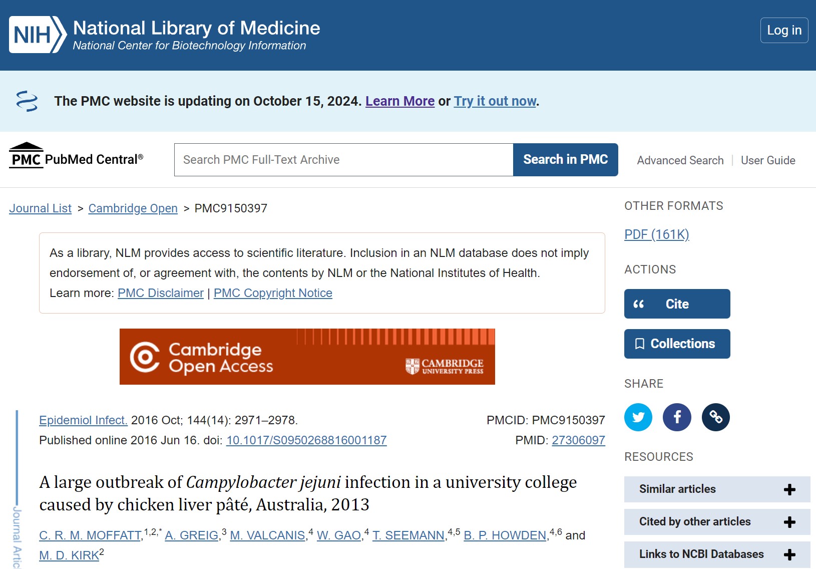 A large outbreak of Campylobacter jejuni infection in a university college caused by chicken liver pâté, Australia, 2013