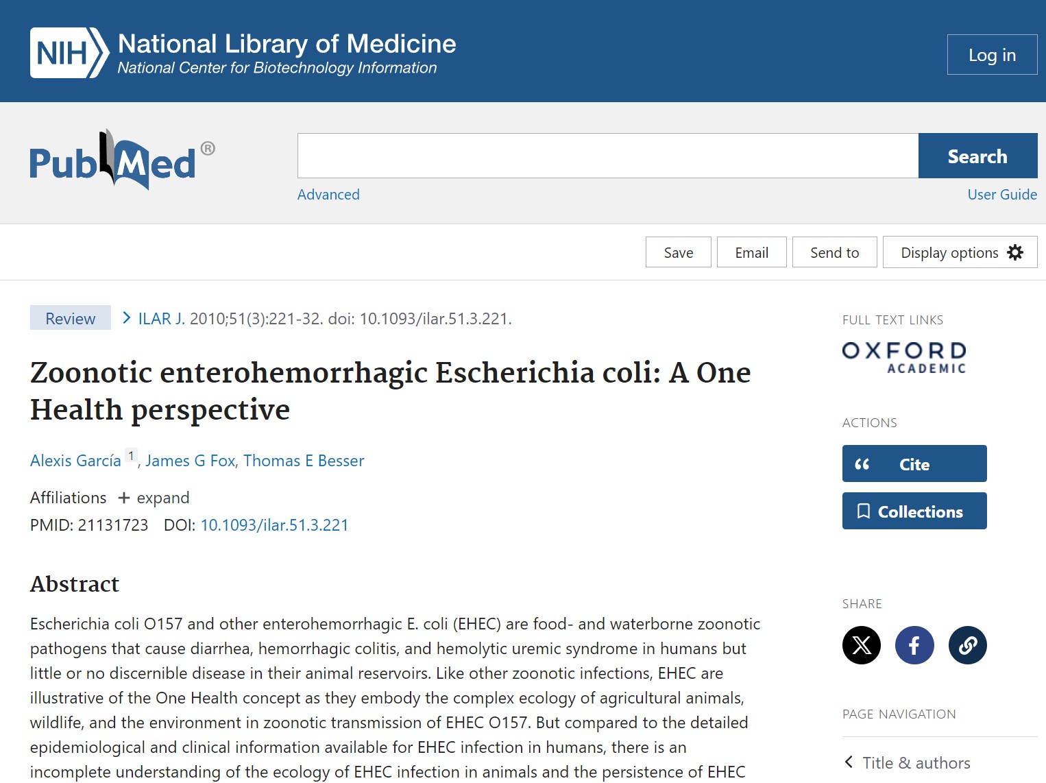 Zoonotic enterohemorrhagic Escherichia coli: A One Health perspective