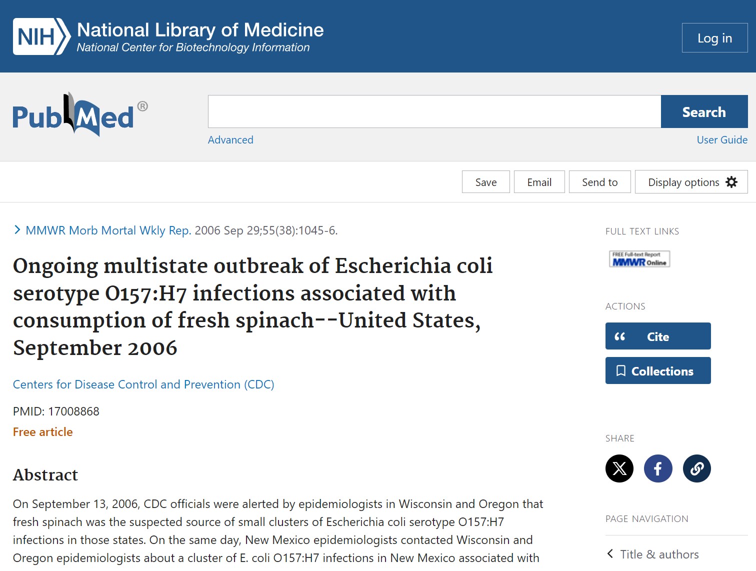 Ongoing multistate outbreak of Escherichia coli serotype O157:H7 infections associated with consumption of fresh spinach–United States, September 2006