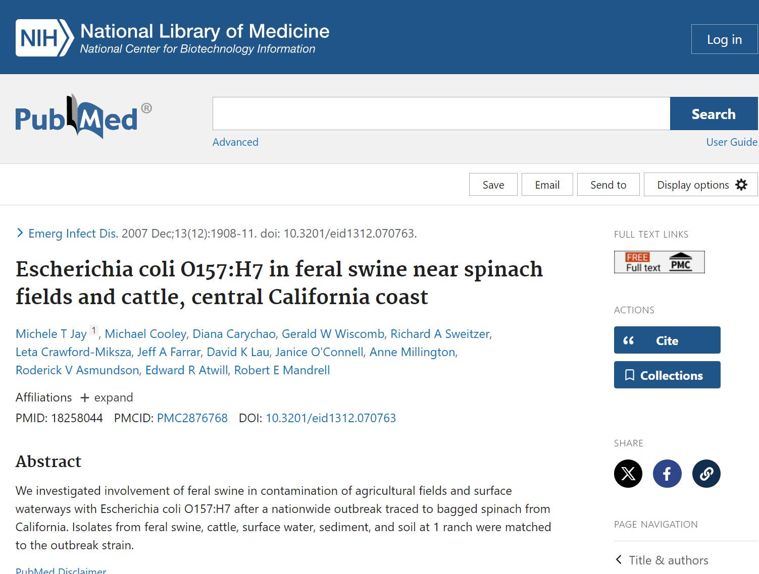 Escherichia coli O157:H7 in feral swine near spinach fields and cattle, central California coast
