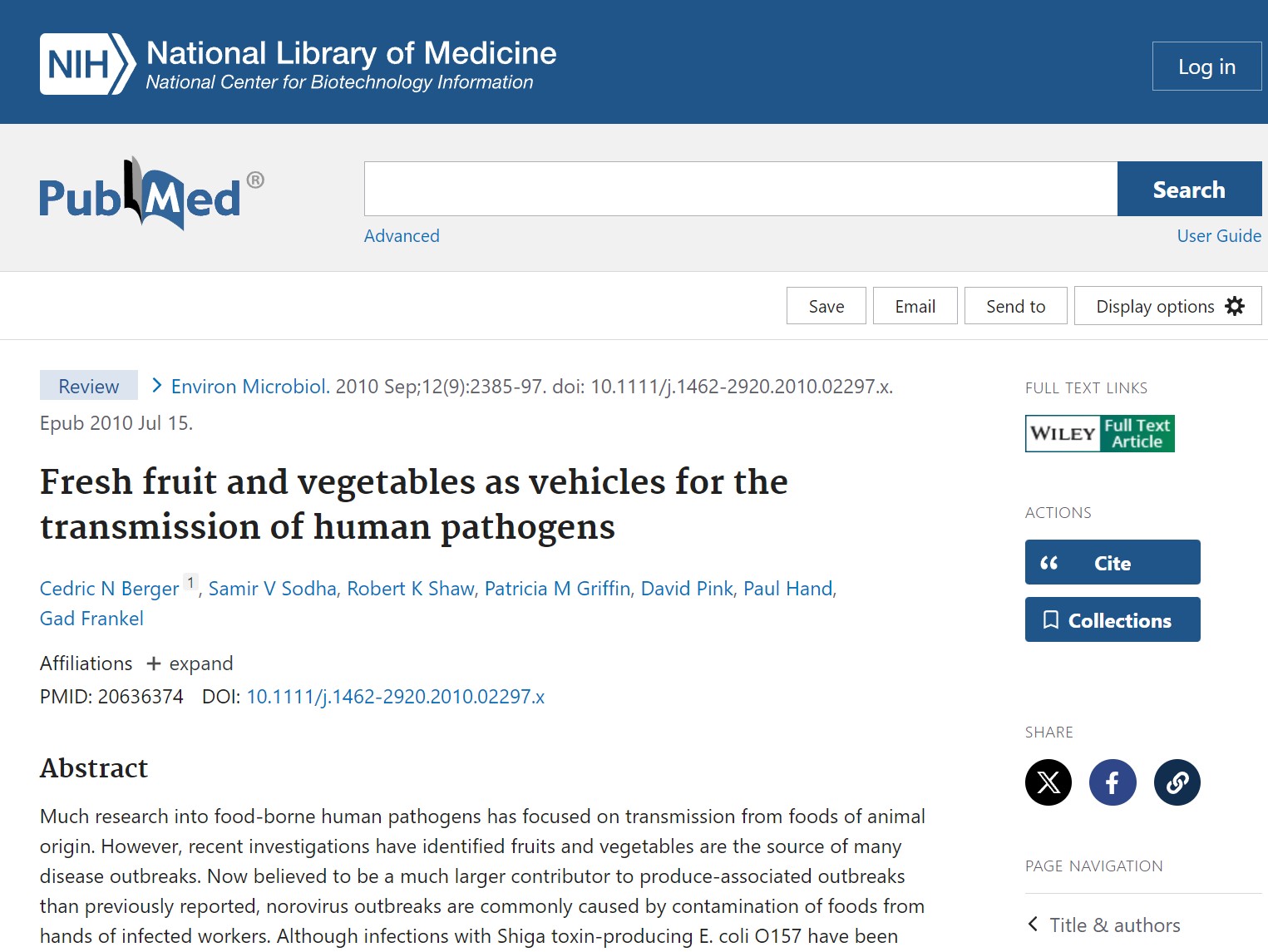 Fresh fruit and vegetables as vehicles for the transmission of human pathogens