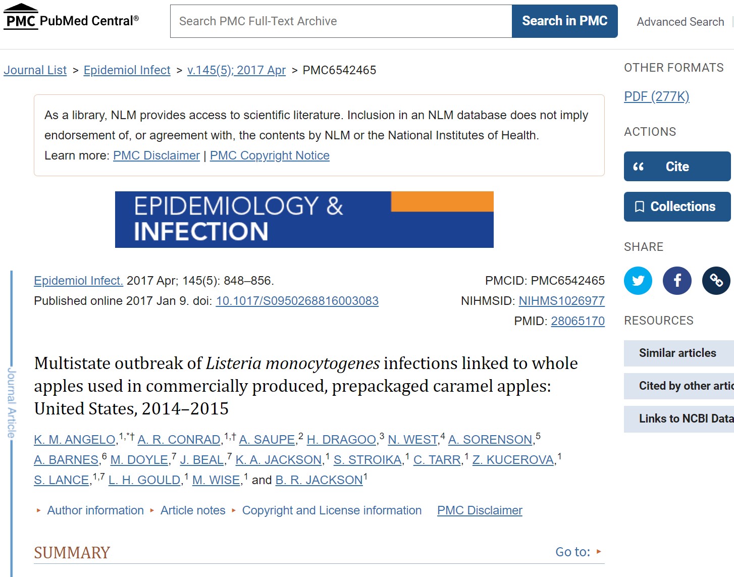 Multistate outbreak of Listeria monocytogenes infections linked to whole apples used in commercially produced, prepackaged caramel apples: United States, 2014–2015