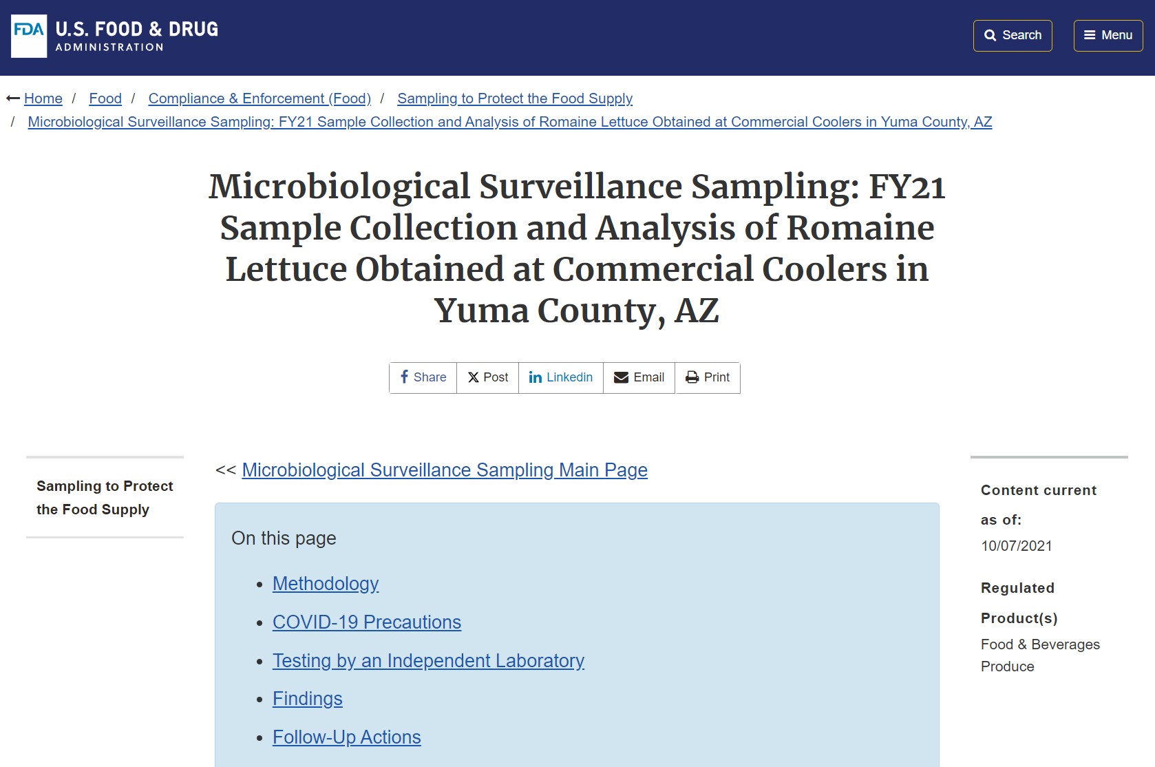 Microbiological Surveillance Sampling: FY21 Sample Collection and Analysis of Romaine Lettuce Obtained at Commercial Coolers in Yuma County, AZ