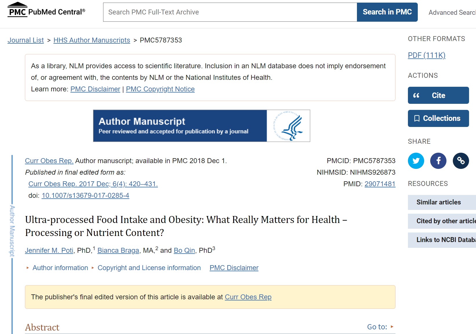 Ultra-processed Food Intake and Obesity: What Really Matters for Health – Processing or Nutrient Content?