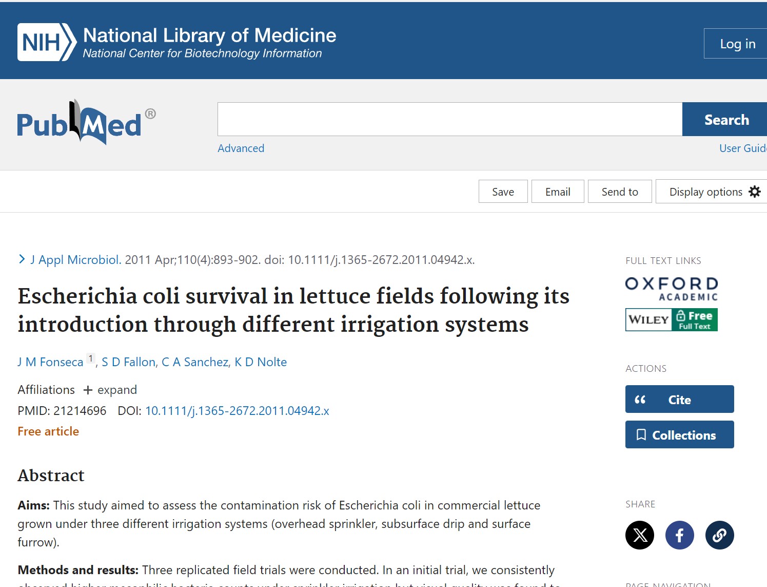 Escherichia coli survival in lettuce fields following its introduction through different irrigation systems